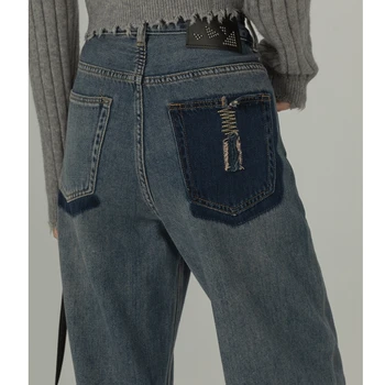 Moterų Džinsai Vintage Amerikos Mados Sujungimas Streetwear Stilius Platus Kojų Jean Moterų Baggy Kelnių Tiesiai Džinsinio Audinio Kelnės