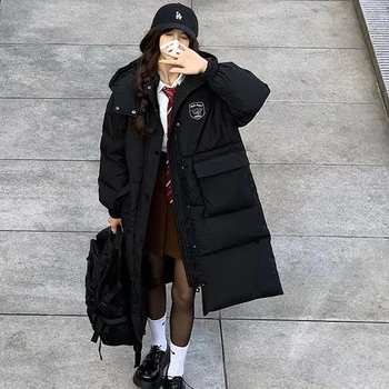 Moteriški Korėjos Juoda Šiltas Žemyn Drabužius Gobtuvu Tiesus Kailis Paprastumo Baggy Patogiai, Ilgai Ponios Šuo-Paminkštintas Outwear Žiemą