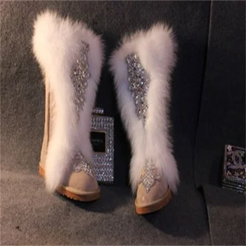 Rankų darbo custom akmuo, kalnų krištolas kailio vienas fox fur sniego batai odiniai, aukštas vamzdis per kelius siekiantys batai largesize moterų'sboots35-40